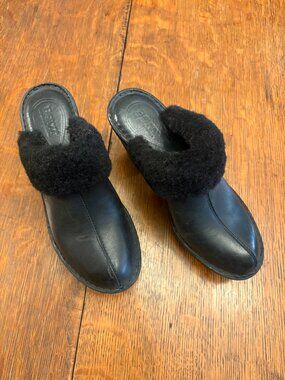 Born Black Leather Shearling Trim Platform Clogs
